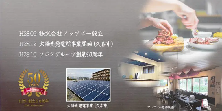 H28 (株)アップビー設立、H28 太陽光発電所事業開始（久喜市）、H29 フジタグループ創業50周年